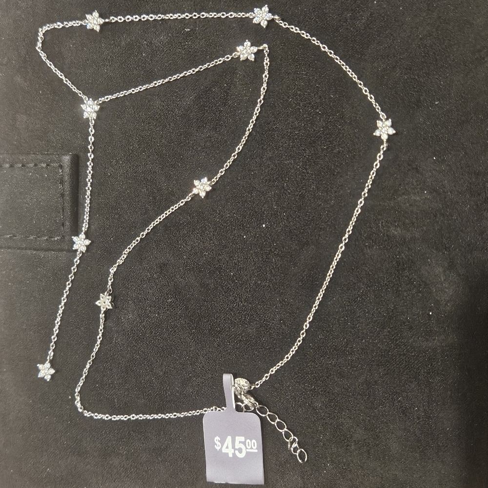 925 Sterling Silver CZ Flower Lariat Chain Dainty Necklace - Picture 2 of 5